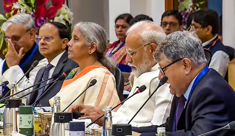 Prime Minister Narendra Modi, Finance Minister Nirmala Sitharaman and others during a meeting with economists at NITI Aayog in New Delhi | PTI